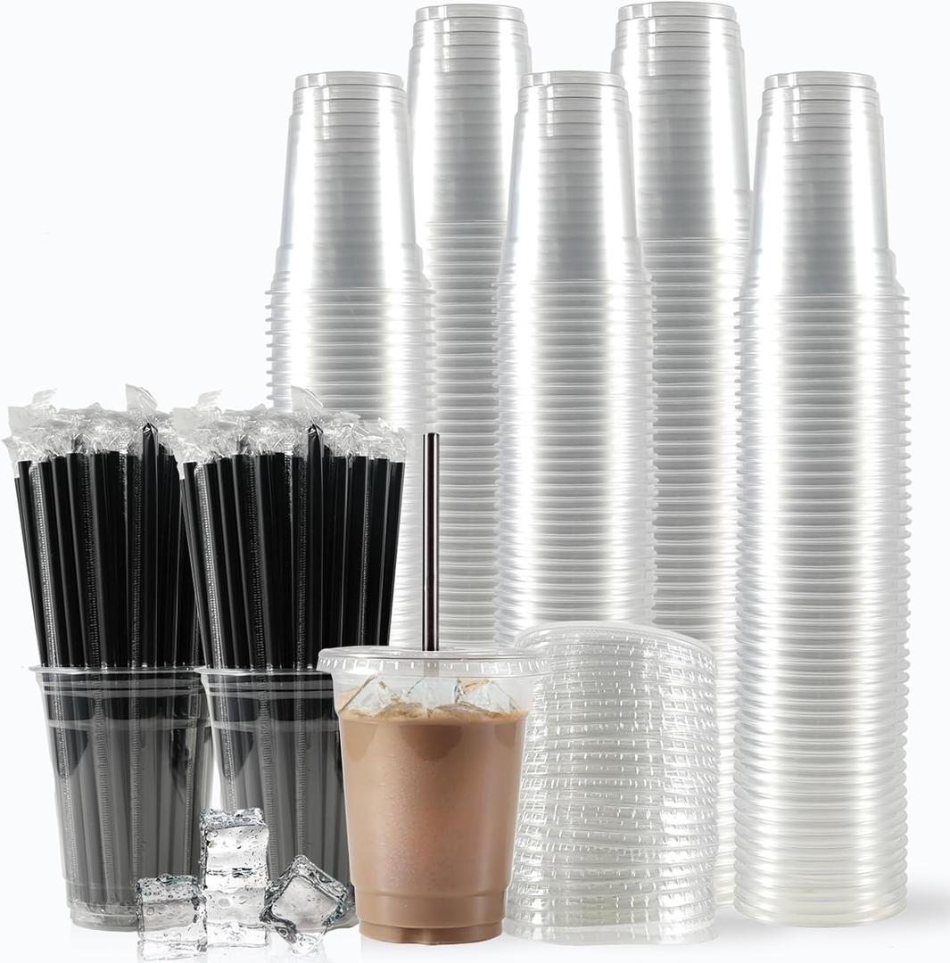 [200 Sets - 12oz] Plastic Cups with Lids and Straws, Disposable Cups for Iced Coffee, Smoothie, Milkshake, Cold Drinks - Clear
