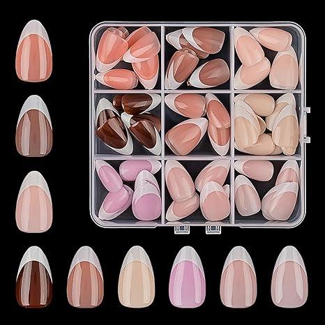 108pcs Almond Press on Nails 9 Color Short Fake Nails Full Cover French Tip Press ones False Nails with designs Acrylic Nails Reusable Stick on Nails for Women Worker Day Manicure Kit