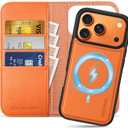 SHIELDON 2 in 1 Wallet Case for iPhone 17 Pro 6.3" | Genuine Leather, Wireless Charging, RFID Blocking Credit Card Slot, Folio Magnetic Closure, Removable Shockproof Phone Cover 2025 - Orange