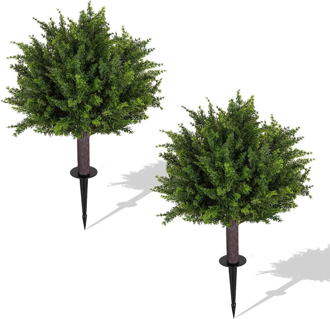 24.5 Inch Set of 2 Topiary Cedar Trees Artificial Outdoor,UV Resistant Shrubs Artificial Outdoor Plants,Artificial Bushes for Outdoors with Ground Spike for Spring Porch Decor2PCS