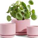 LE TAUCI Ceramic Plant Pots, 4.3+5.3+6.8 inch, Set of 3, Planters with Drainage Hole and Saucer, Indoor Flower Pot with Hole Mesh Pad, Gifts for Mom, Pink