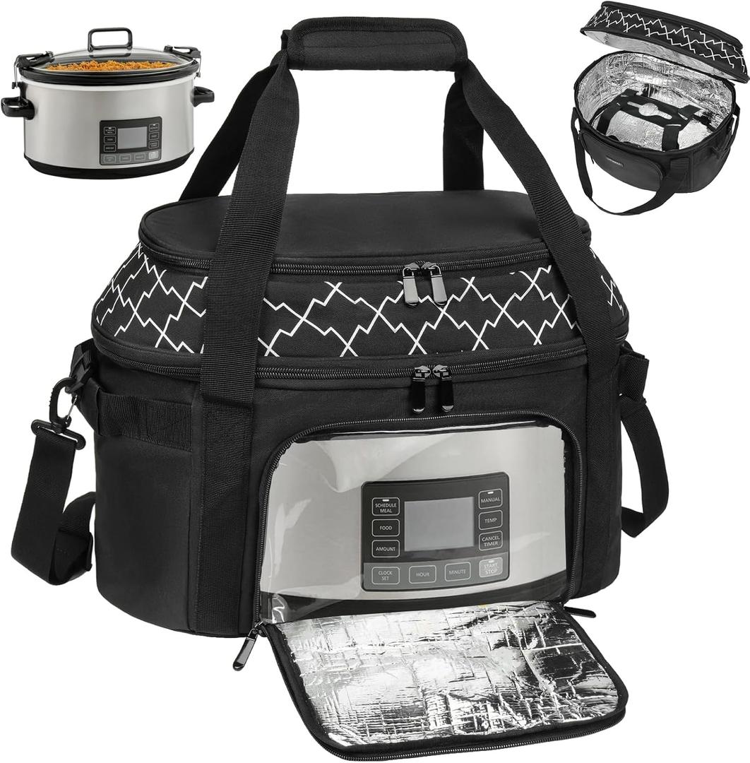 Slow Cooker Carrying Bag Compatible with 6-8 Quart CrockPot and Hamlton Beach,Portable Double-Layer Insulated Travel Carrier Case with Lid Fastener and See-through Window,Bag Only (Black)