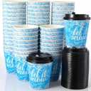 Nuogo 60 Sets 12 oz Christmas Disposable Coffee Cups with Lids Thick Winter Snowflake Paper Cups Insulated Ripple Wall for Christmas Travel Hot Chocolate Cocoa Tea Cold Drinks Liquids