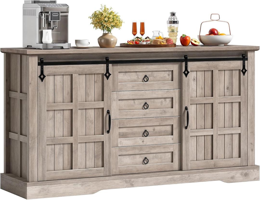 DWVO 59" Kitchen Storage Cabinet, Sideboard Buffet Cabinet with Storage, Sliding Barn Doors and 4 Drawers for Living Room/Kitchen, Wash Grey