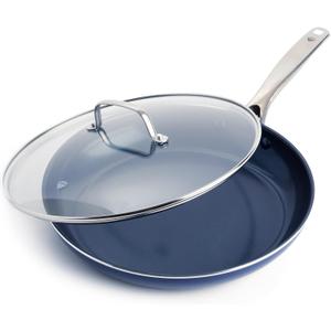 Blue Diamond 12" Nonstick Frying Pan with Lid, Diamond Infused PFAS & PTFE-Free Ceramic Skillet, Dishwasher & Oven Safe, Stay Cool Handle, Durable Non Toxic Metal Utensil Safe, Glass Lid, Blue