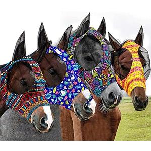 Frienda 4 Pcs Horse Fly Mask with Ears Mesh Comfort, Geometric, Large | UV Protection, Insect Pest Defense, Soft Breathable Mesh, Elastic Fit, Suitable for Horses and Foals, Outdoor Pasture, Large