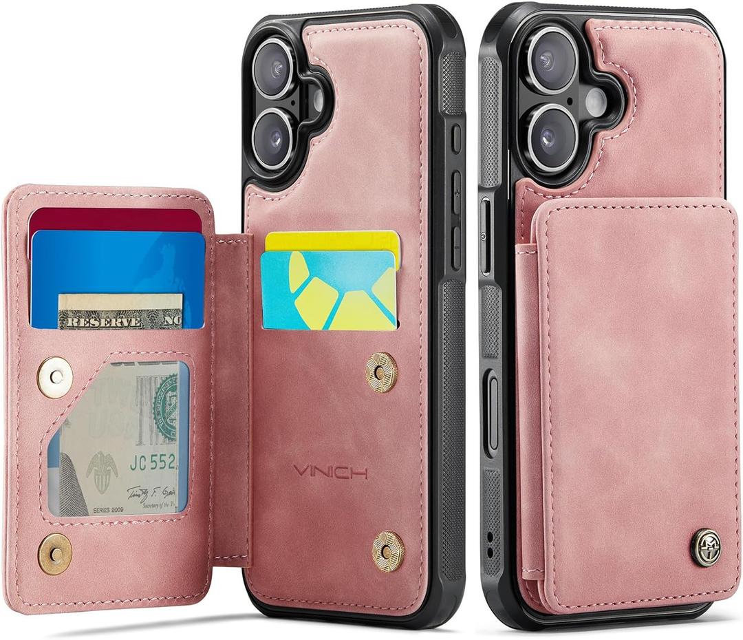 Vinich for iPhone 17 Wallet Case with Card Holder, RFID Blocking Credit Slots Kickstand Shockproof Phone Cover Fit for iPhone 17 6.3" Rose Pink