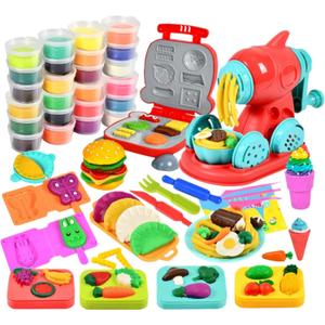 2 in 1 Play Color Dough 51pcs Kitchen Creation with 24pcs of Color Dough, Noodle Hamburger Making Machine Modelling Clay Tools and Cutters Playset Play Food Toys for Kids