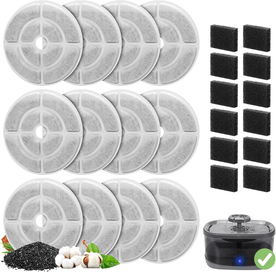 12 Pack Replacement Filters for 2.5Gal/9.5L Dog Fountain, GISOFIK 18CM Larger Cat Water Fountain Filters, Coconut Activated Dog Water Dispenser Filter, Pet Fountain Filter Replacement(6 Pump Filters)