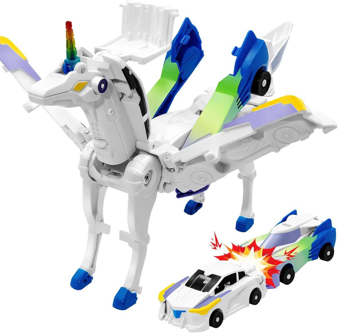 Unicorn Collision Transforming Cars Toy for Girls Boys, 2 Magnetic Cars Transform into Magical Unicorn Collision Transforming Robot Cars Toy Deformation Christmas Birthday Gifts for Kids Blue