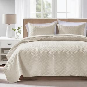 FLYMME Beige King Quilt Bedding Set Thin Lightweight Bedspreads,Modern Style Geometric Weave Stripe Pattern,Soft Microfiber Bed Coverlet for All Season (1 Quilt, 2Shams)