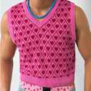 BEAUDRM Men's Heart Graphic Printed Sleeveless V Neck Sweater Vests Cropped Knit Tank Tops Pink Large (Pink, L)
