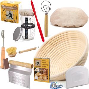 Sourdough Bread Baking Supplies Starter Kit, Banneton Proofing Basket 9'' Round, Sourdough Starter Jar, Scraper, Scoring Lame, Brush, Short Danish Whisk, Gift Set (Round 9" + Sourdough Jar)