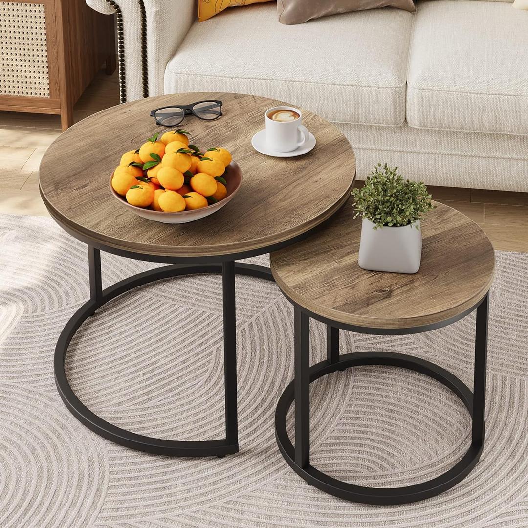 Smuxee Nesting Coffee Table Set of 2, 23.6" Round Coffee Table Wood Grain Top with Adjustable Non-Slip Feet, Industrial End Table Side Tables for Living Room Bedroom Balcony Yard (Oak)