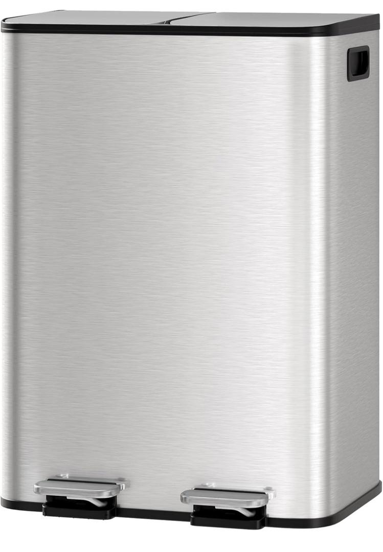 GarveeHome 2 x 30L gal Stainless Steel Double Trash Can with Lid for Kitchen, Large Dual Trash and Recycle Bin Combo, Step-on Kitchen Metal Garbage Cans, PP Inner Buckets, Liner Rim, Silver