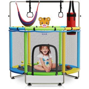 Toddler Trampoline for Kids Ages 3-8 - 5 ft Toddler Trampoline with Net, Basketball Hoop, Ocean Balls, Boxing Bag, Hammock - Indoor and Outdoor for Kids, Backyard