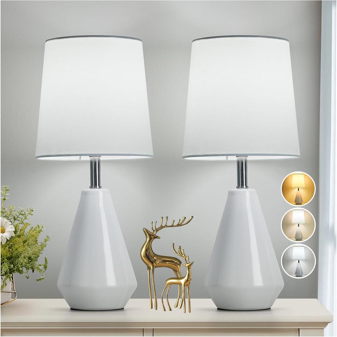 Small Bedside Table Lamp for Bedroom-Reading Desk Lamp Set of 2,with 3 Color Temperatures,15.5" Nightstand Ceramic Lamp with Fabric Shade for Kids Room,Living Room,Dorm,Home Office(White)