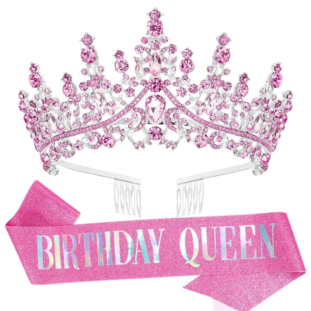 Birthday Tiara and Sash for Women Girls - Graceful Birthday Crown and Sash for Party Gift Halloween Cosplay - Premium Rhinestone Headbands for Princess Dress Up (pink)