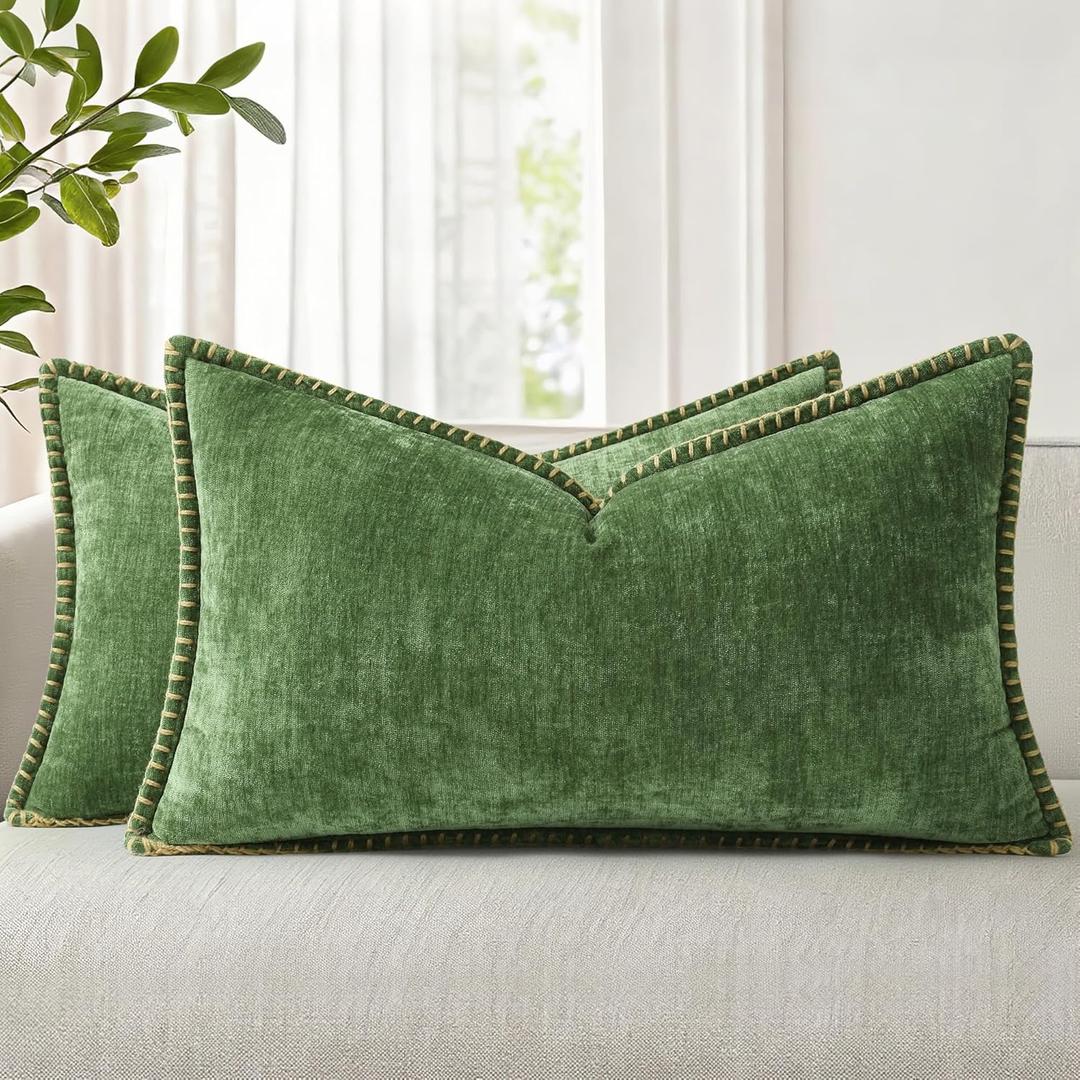 decorUhome Chenille Soft Cozy Throw Pillow Covers 12x20 Set of 2, Modern Farmhouse Boho Velvet Decorative Pillow Cases with Stitched Edge for Couch Sofa Bed Home Decor, Forest Green