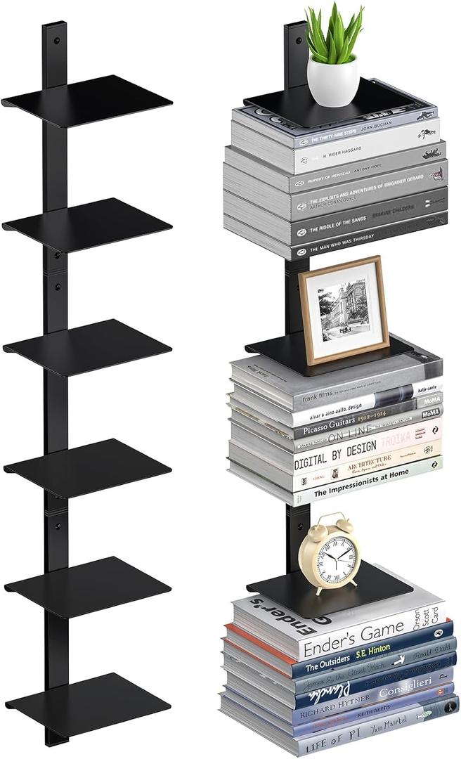 Floating Book Shelves for Wall, 6 Tier Invisible Floating Bookshelf, Vertical Spine Book Tower, Wall Mounted & Space Saving, Heavy Duty Metal Book Organizer for Home Office, 3 Pack Black