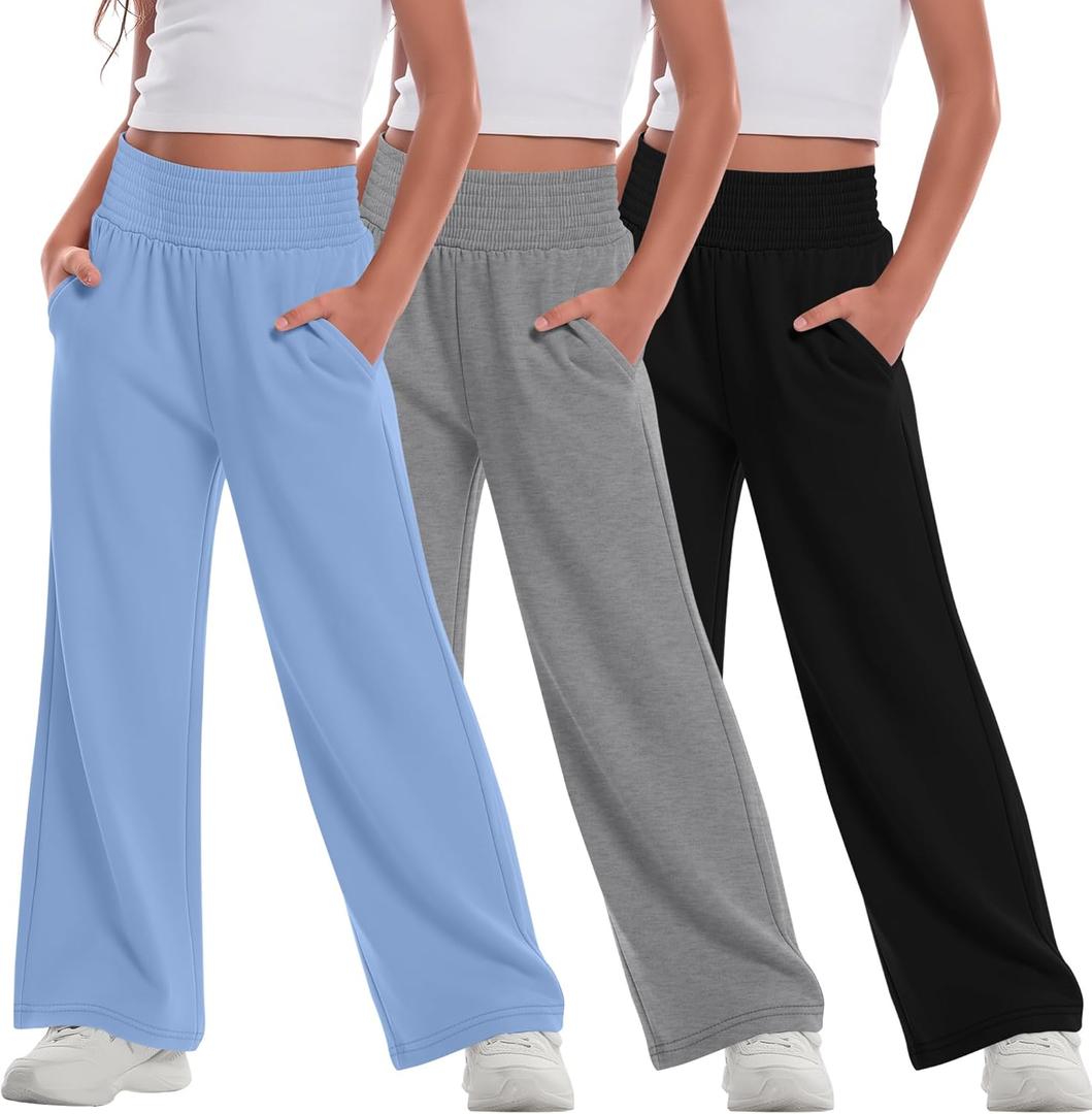 3 Pack Girls Flowy Wide Leg Pants Summer Lightweight Pants High Elastic Waist Loose Uniform Trousers Size: 5-6 Years