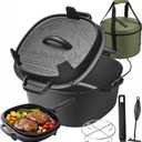 HITROCK Cast Iron Camp Dutch Oven 5QT, Pre-Seasoned Camping Dutch Oven with Lid, Flat Bottom Outdoor Pot with Lid Lifter,Pot Stand, Storage Bag & Handle for Camping, Baking, Grilling, Rounded-square Shape