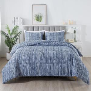 Blue Striped Comforter Set Twin Size, Blue White Vertical Ticking Stripes Pattern Printed Bedding Set, Farmhouse Down Alternative Comforter (68"x90" 2PC)