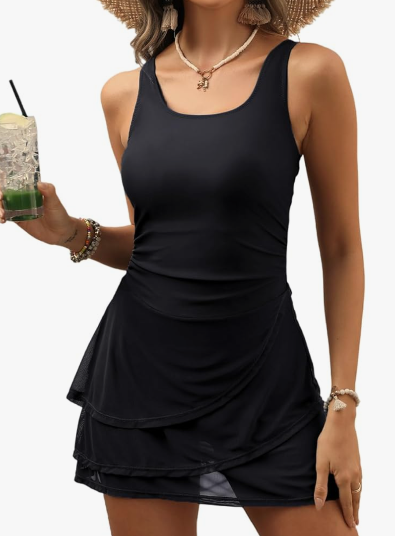 VIMPUNEC Women One Piece Swim Dress Swimsuit Tummy Control Modest Swim Skirt Bathing Suit, Large