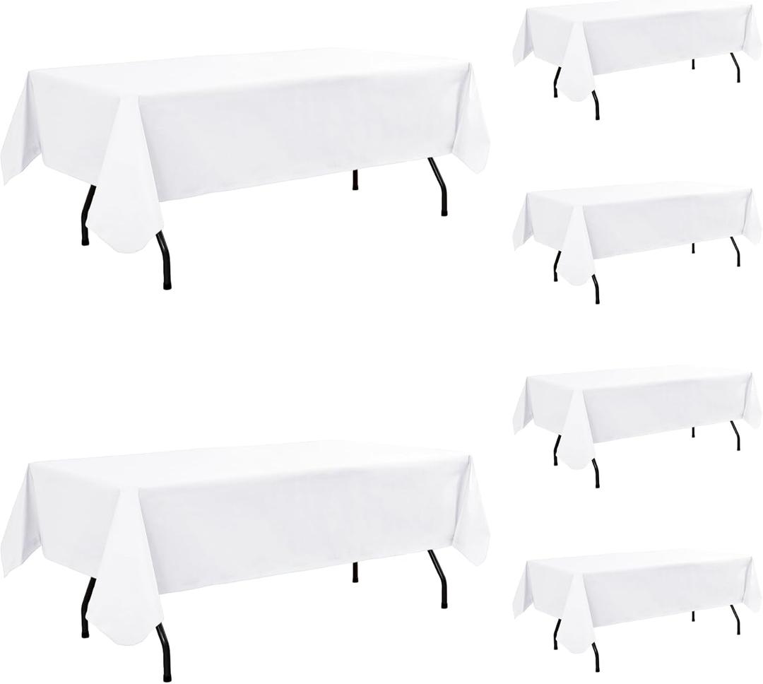 Vinyl Tablecloth with Flannel Backing-6 Pack White 60x102 Inch Outdoor Waterproof Rectangle 6 Foot Plastic Table Cloths Sheets-Wipeable Heavy Duty Oilcloth for Picnic Party Camping Dining