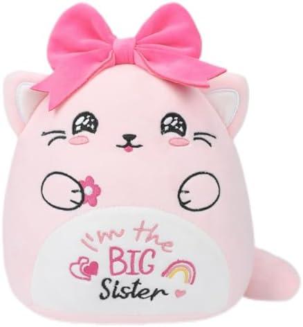 NIUBEHOHO Big Sister Plush Cat Stuffed - I'm The Big Sister Bear Pink Cat Stuffed Animal with Bow New Sibling Gifts for Girls Kids 10 Inch