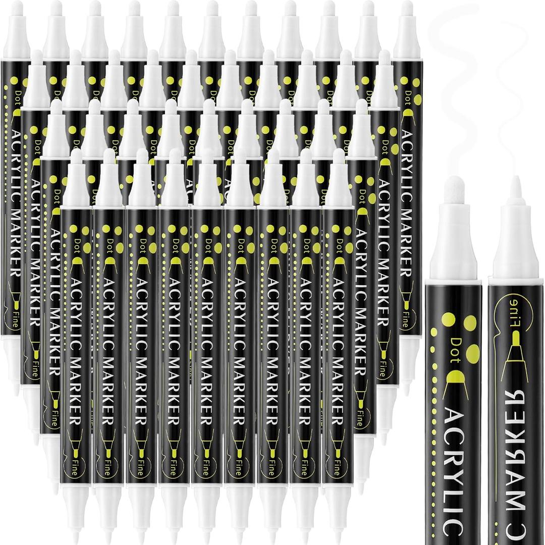 Spakon 36 Pcs Dual Tip Acrylic Paint Pens Markers, Fine Tip Permanent Acrylic Metallic Paint Markers for Rock Painting, Glass, Wood, Ideal for Arts and Crafts(White)