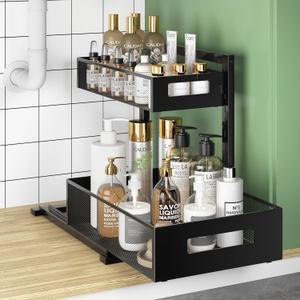 Metal Under Sink Organizers and Storage, Adjustable Under Cabinet Organizer Shelf Heavy Duty, Multi-Purpose Smoothly Pull-Out Storage Organizer for Bathroom, Kitchen, Pantry, Vanity, Study (XL, Black)