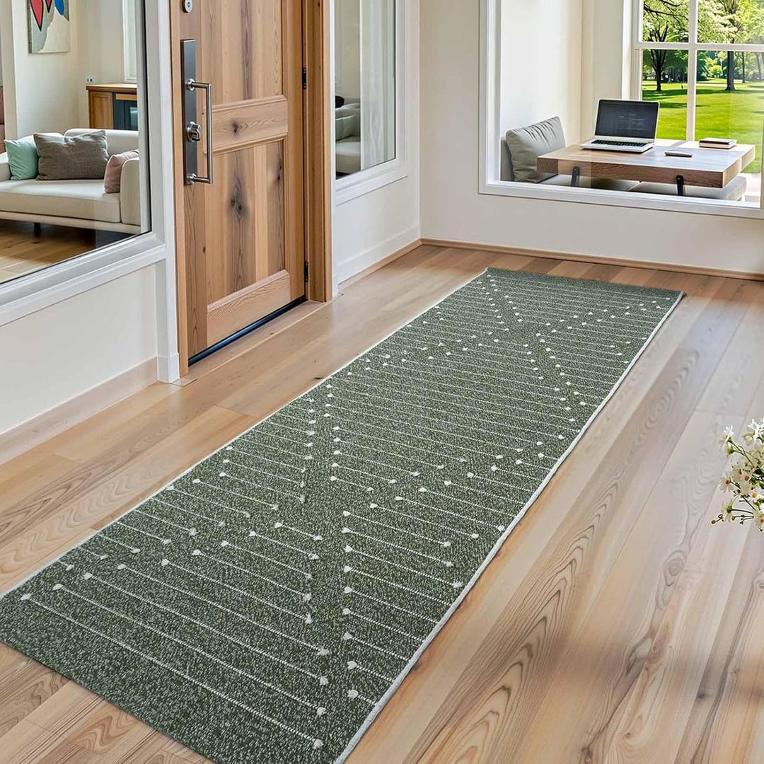 LIVEBOX 2x6 Green Entryway Runner Rug, Hallway Kitchen Cotton Woven Runners, Washable Narrow Rugs for Laundry Room (Dark Green & White)