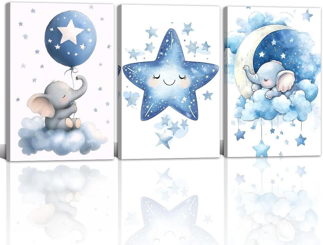 Nursery Canvas Wall Art Elephant Pictures Wall Decor Moon and Stars Painting Baby Boy Prints Cute Animal Poster Artwork for Kids Room Bathroom Decor Framed(Baby-1,16L x 24W x 3Pcs)