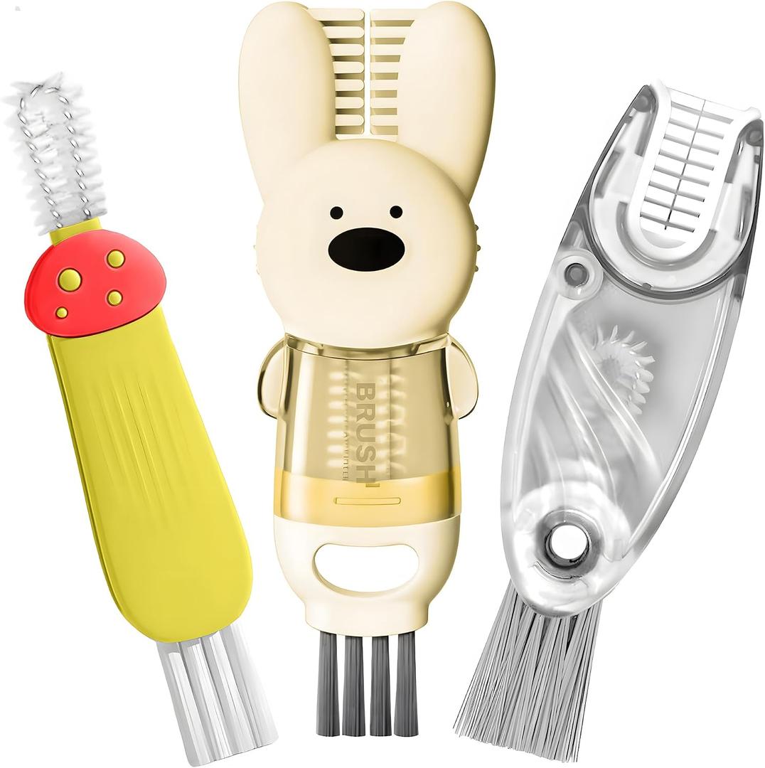 3 x Cup Lid Cleaning Brush, Multifunctional Set with 3 in 1 Lid Cleaner and Two 4 in 1 Cup Lid Cleaning Brushes, Cleaning Brush Tool for Bottles, Straws, Tumblers, Travel Mug Caps, Portable Kit (Yellow)