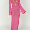 Saodimallsu Womens Crochet Maxi Cover Up Dress Beach Swim Vacation Coverups Long Sleeve Sexy Bodycon Summer Knit Dresses (Pink, M)