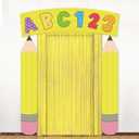 4 Pack Back to School Door Cover Banner | Pencil Ruler Shape Classroom Decoration with Foil Fringe Curtain Hanging School Porch Sign Photo Background for Indoor School