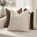 YCOLL Farmhouse Pillow Covers 18x18, Modern Accent Square Throw Pillow Covers Set of 2, Khaki and Beige Striped Patchwork Linen Decorative Pillows Cushion Covers for Couch Chair Bedroom Home Decor