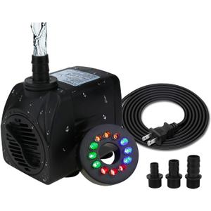 400 GPH Submersible Fountain Pump (1800L/H, 25W), Ultra Quiet 12 LED Colorful Pump Lights with 3 Nozzles, 6 Feet Power Cord for Fish Tank, Pond, Aquarium, Statuary, Hydroponics