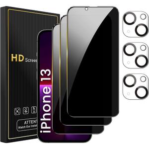 3 Pack Privacy Screen Protector for iPhone 13 6.1 Inch with 3 Pack Camera Lens Protector, Anti Spy Tempered Glass Film, Anti-Scratch, Touch Sensitive, Case Friendly