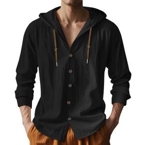 PIDOGYM Men Cotton Linen Long Sleeve Button Down Shirt Summer Casual Hawaiian Beach Tops Lightweight Fashion Hoodies XL