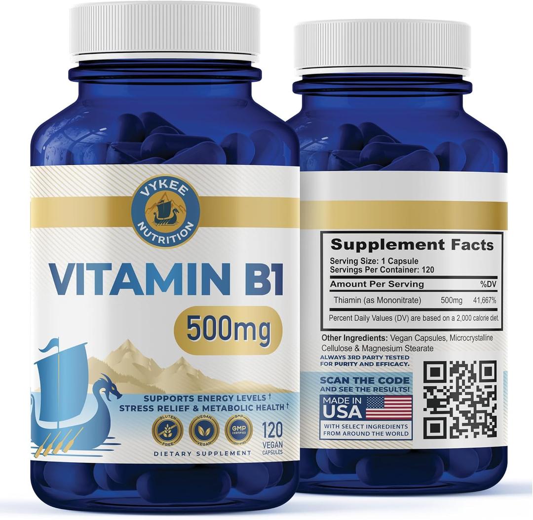 Vitamin B1 500mg High-Potency Thiamine Mononitrate | Supports Energy Metabolism & Nervous System Health | Vegan, Non-GMO, Gluten-Free | 120 Capsules, Bb Date: 05/2027