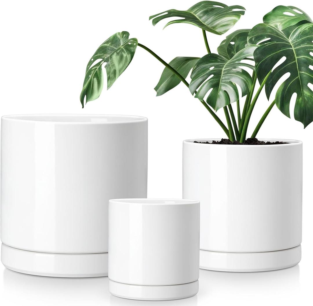 vancasso Ceramic Planters, Plant Pots for Indoor Plants, 6.25+8.25+10.25 Inch Ceramic Pots for Plants, Flower Pots with Drainage Holes, Planters Pot for Indoor House Plant, Set of 3, White
