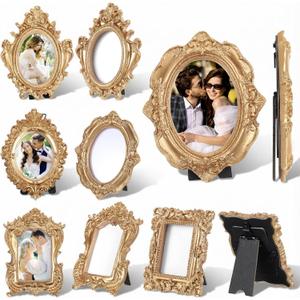 10 Pcs Gold Mini Picture Frames with Stands, Tiny Vintage Picture Frames Oval/Rectangle Mini Baroque Resin Frame for Tabletop Display, Wall Decor, Vintage Home, Wedding