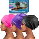 3 Pack Extra Large Swim Cap for Braids & Dreadlocks - Waterproof Silicone Swim Hat for Women with Long Thick Hair, Protective Swim Cap Cover Ears for Swimming, Shower, Bathing (Black+Pink+Purple)