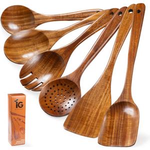New Kitchen 6 Piece Non Toxic Wooden Spoons for Cooking - Smooth Finish Teak Kitchen Utensils Set - Non-Stick Wooden Spatula Perfect for Pasta, Mixing and Kitchen Essential and Gift