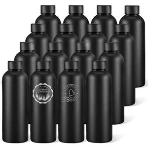 WHEATHUSK 16 Pack Stainless Steel Insulated Water Bottle 17oz Blank Double Wall Vacuum Thermal Sports Bottle Personalized Powder Coated Bulk for Laser Engrave, Black