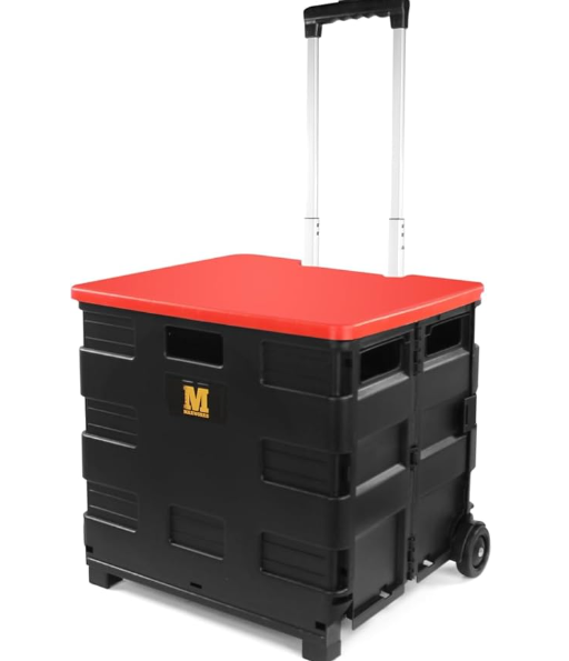 MaxWorks 50830 Collapsible Black Rolling Folding Dolly Cart for Teachers - Multi-Functional Teacher Dolly with Extra Storage, Durable Wheels, and Easy-to-Fold Design for Classroom, Office, Shopping