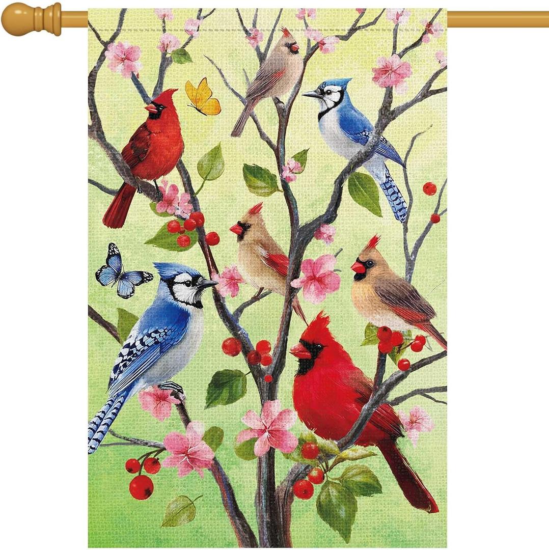 Louise Maelys Spring Garden Flag Cardinal Floral Tree Butterfly Double Sided 28x40 Inch Summer Seasonal Welcome Large Burlap Holiday Yard Sign Outdoor Outside Home Decor