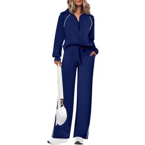 PRETTYGARDEN Women's 2 Piece Outfits Casual Lapel Half Zip Sweatshirts and Wide Leg Pants Tracksuit Sets (Style2-navy Blue, XS)